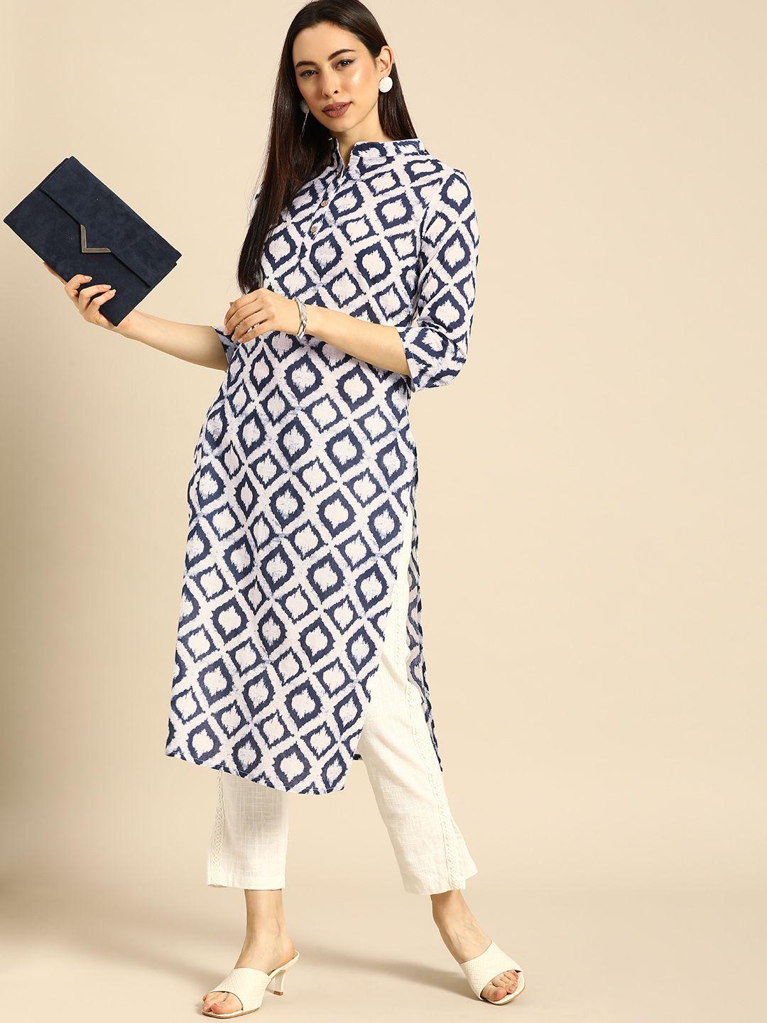 anouk women blue & white printed kurta