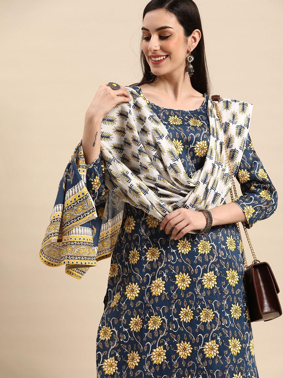 anouk women blue & yellow pure cotton floral print kurta with palazzos & dupatta