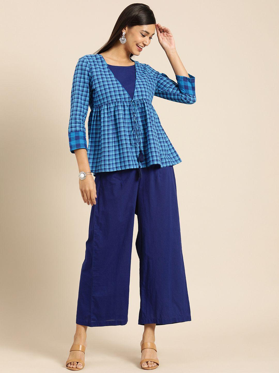anouk women blue checked pure cotton top with palazzos