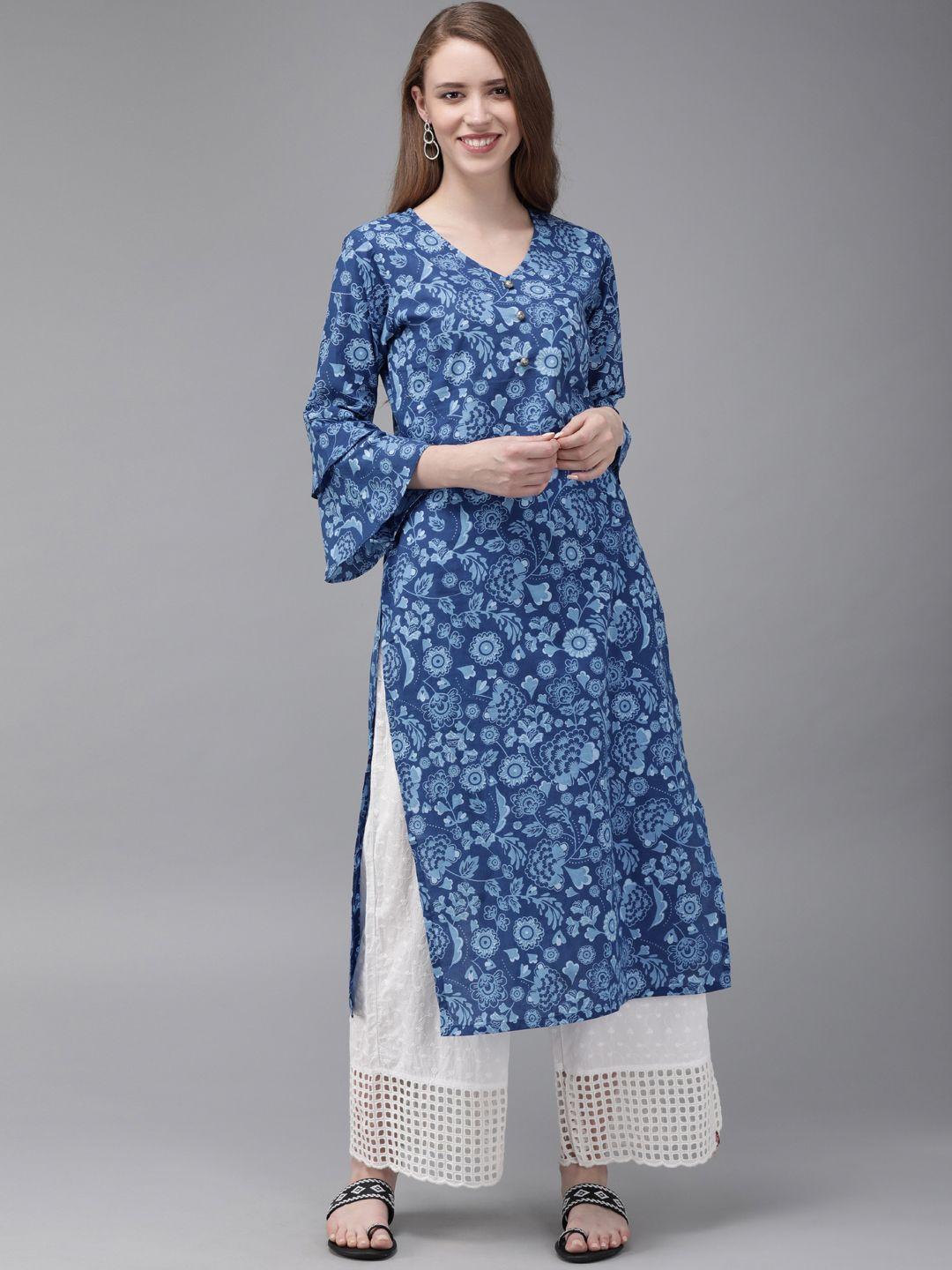 anouk women blue printed straight kurta