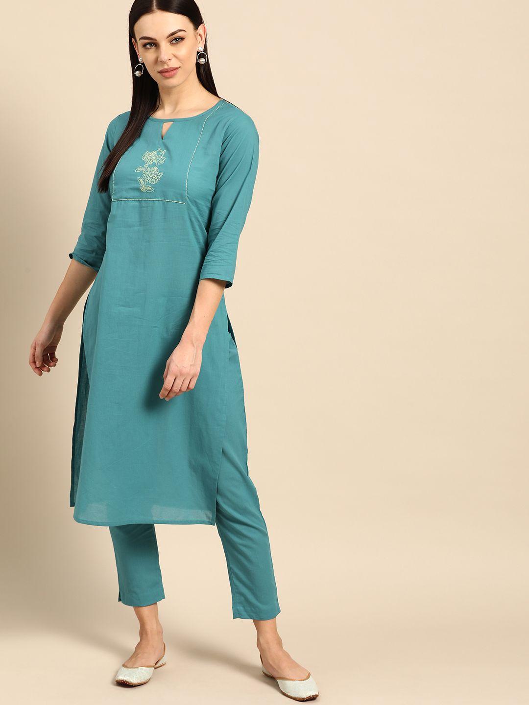 anouk women blue yoke design pure cotton kurta with trousers