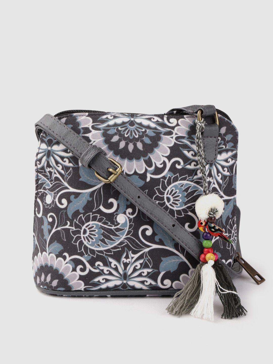 anouk women charcoal grey & blue ethnic motifs print sling bag with tasselled detail