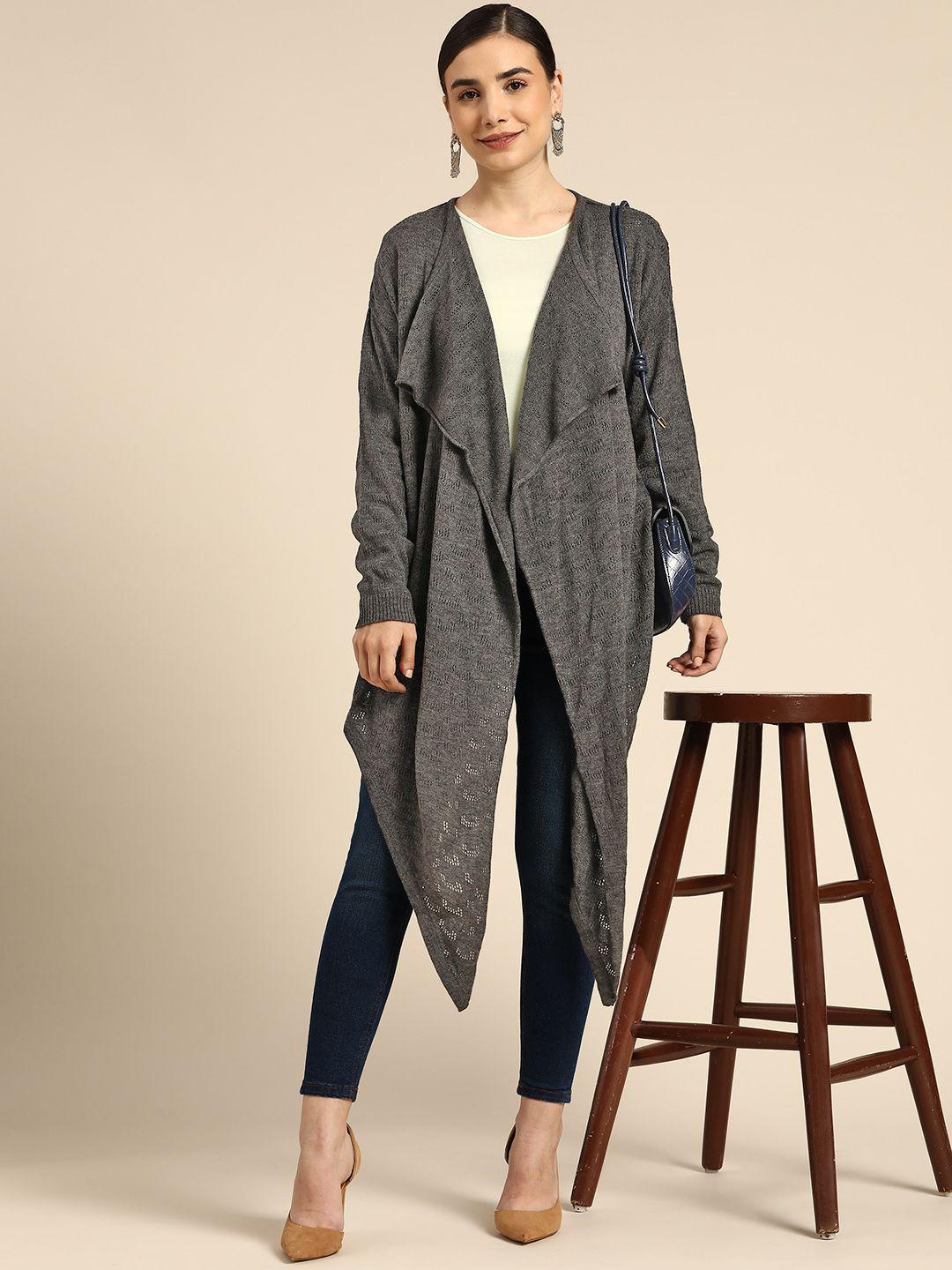 anouk women charcoal grey self design acrylic open knit longline front open sweater