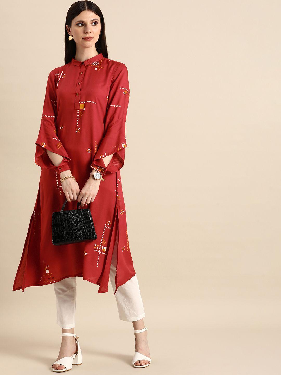 anouk women coral red & white geometric printed shirt collar a-line kurta