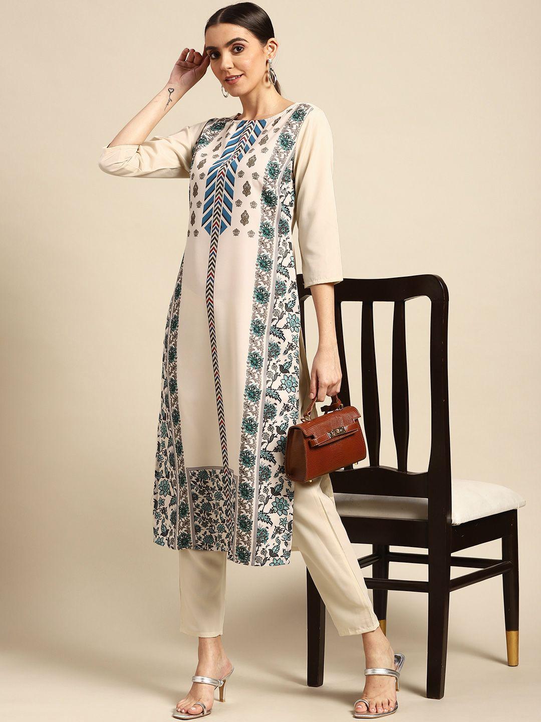 anouk women cream-coloured & turquoise blue ethnic motifs printed kurta with trousers