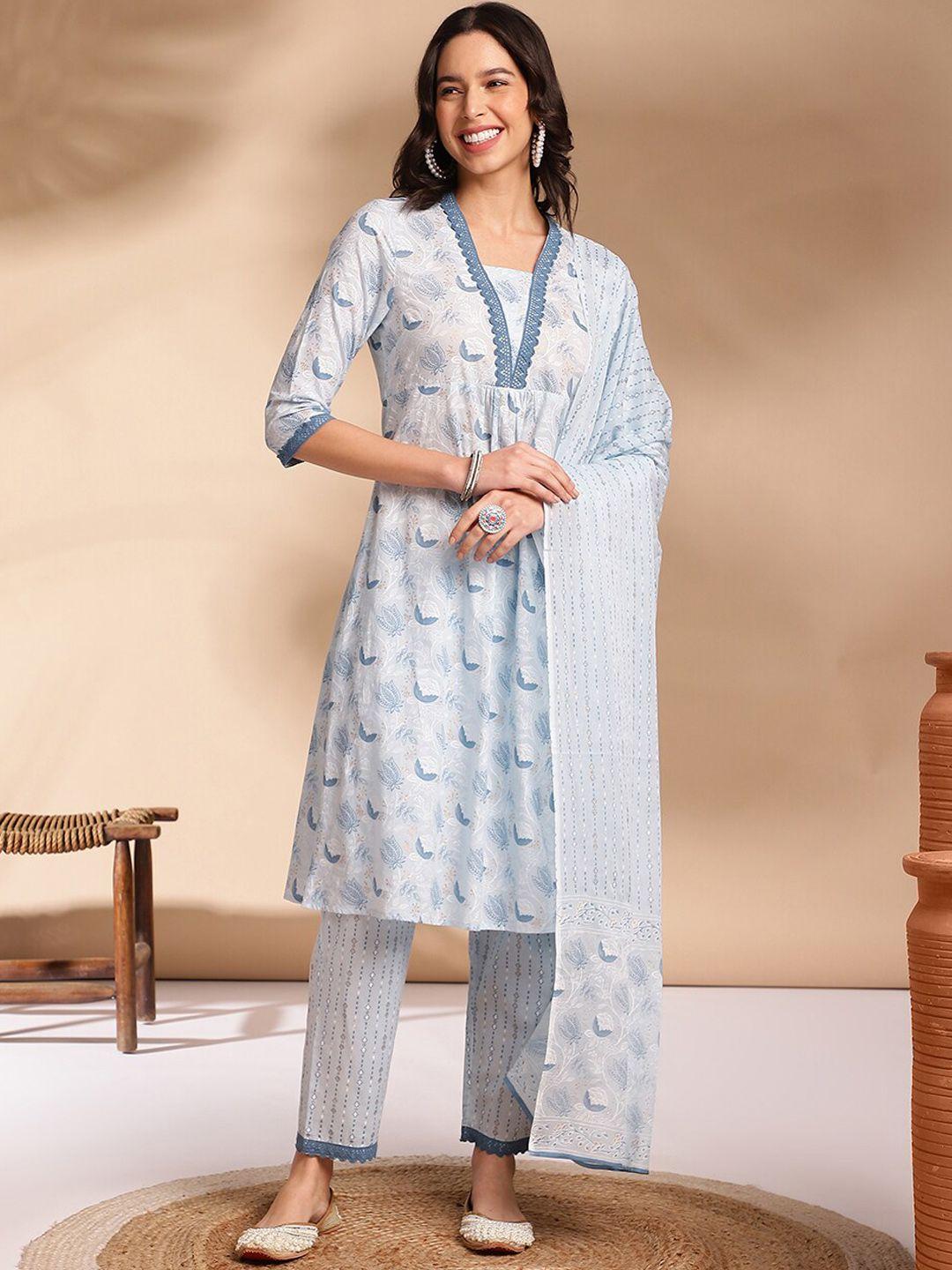 anouk women ethnic motifs printed empire pure cotton kurta with trousers & with dupatta