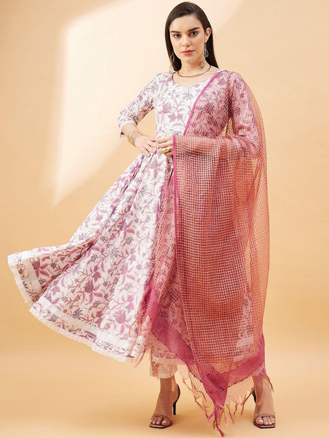 anouk women floral printed empire pure cotton kurta with trousers & with dupatta