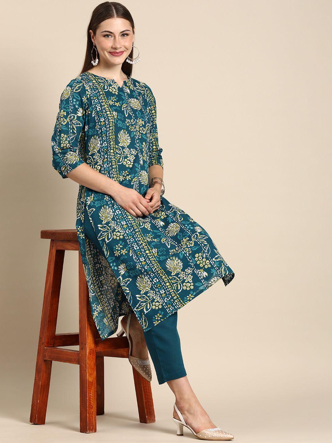 anouk women floral printed pure cotton kurta with trousers