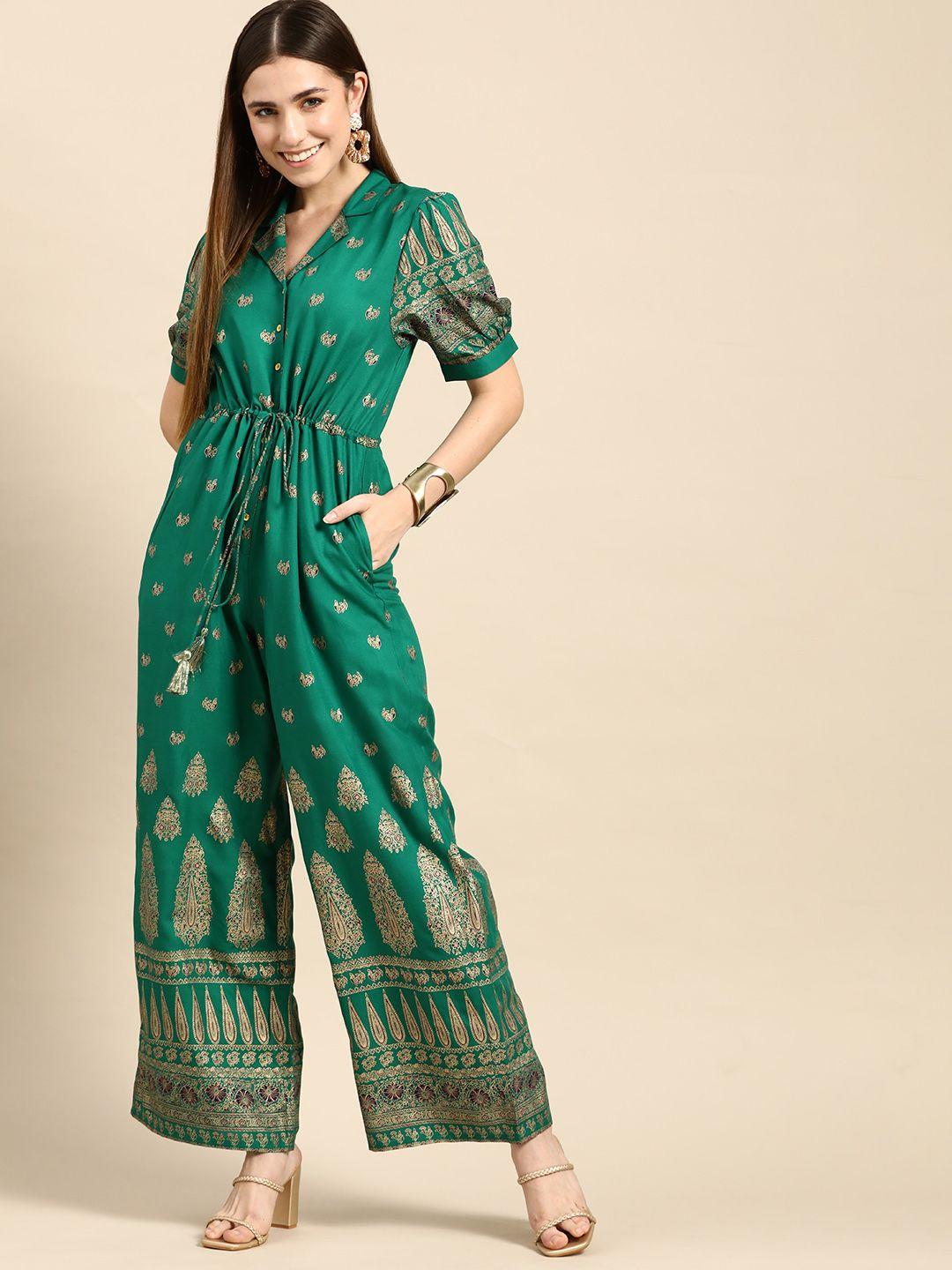 anouk women green & golden ethnic motifs printed basic jumpsuit