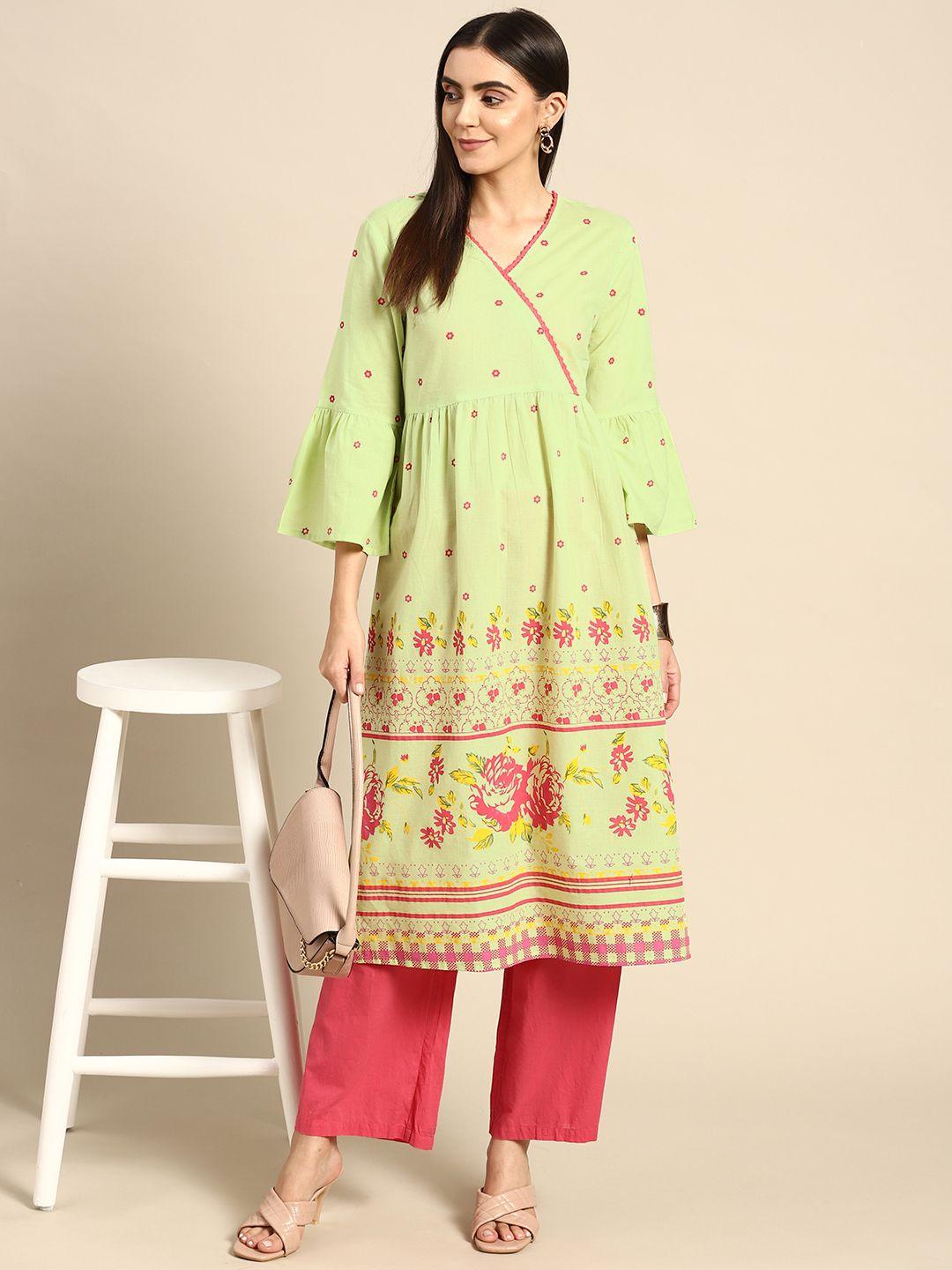 anouk women green & pink ethnic motifs printed pure cotton floral kurta