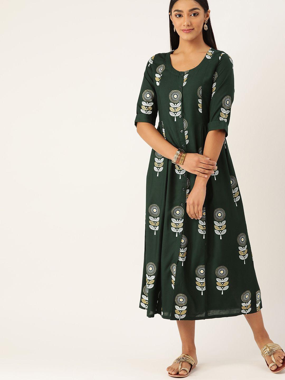 anouk women green & white ethnic motifs printed a-line midi dress