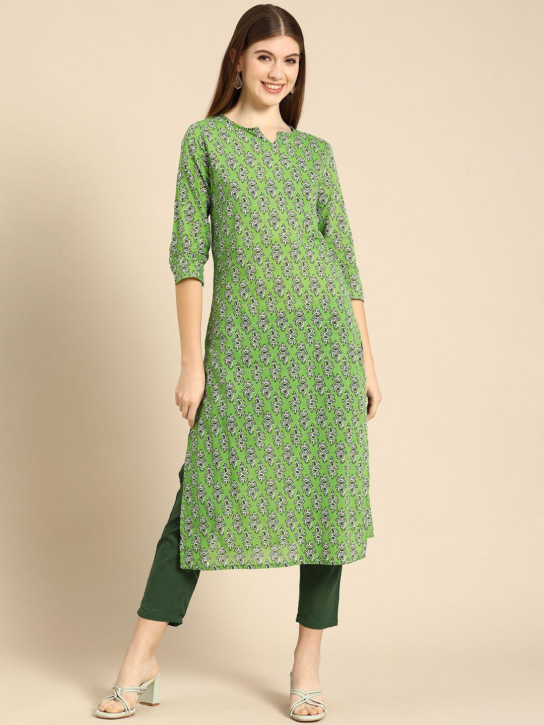 anouk women green & white floral printed regular pure cotton kurta with trousers