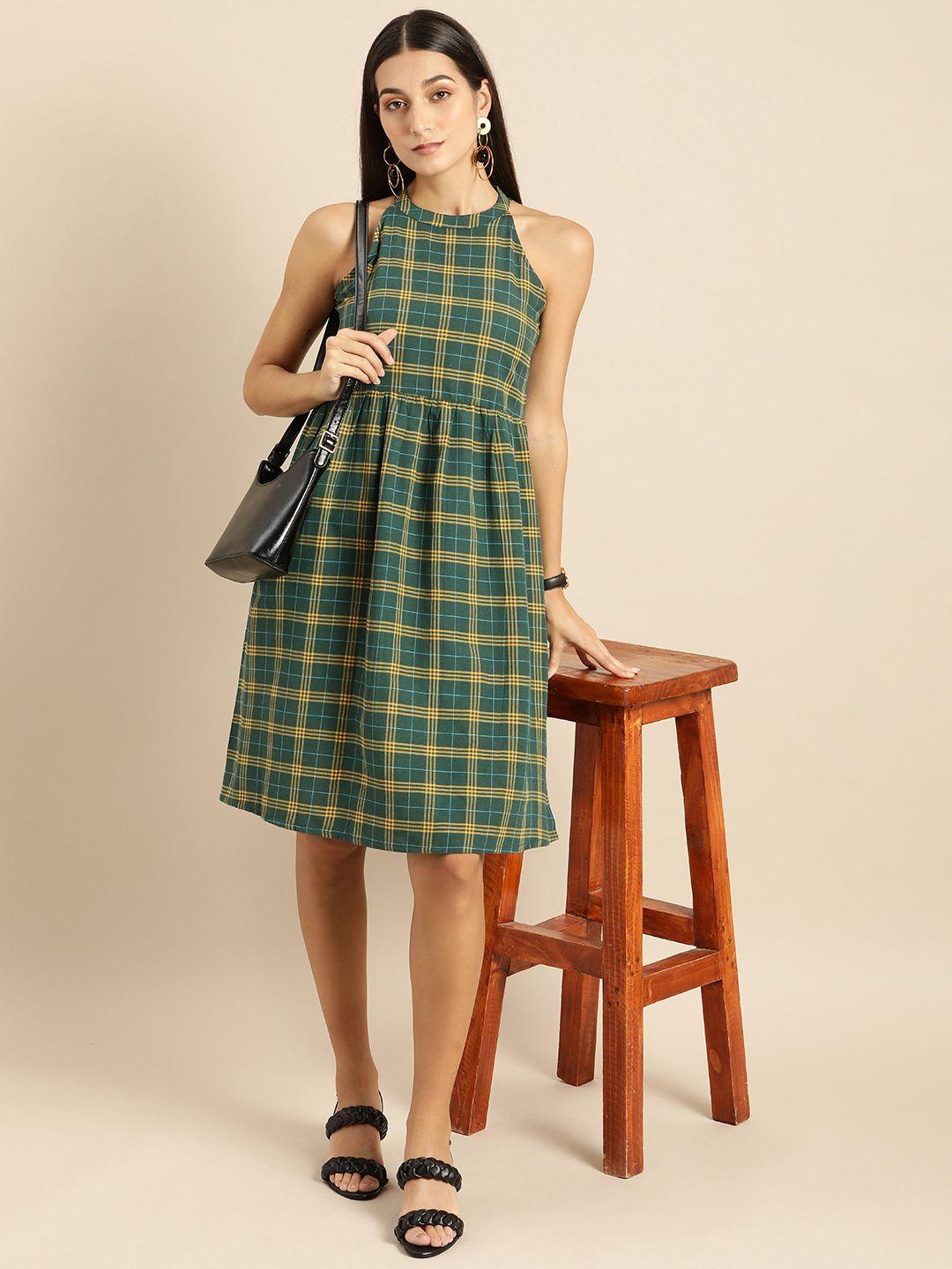 anouk women green & yellow checked fit and flared dress