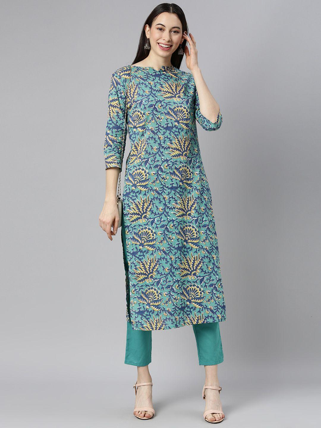 anouk women green floral printed pure cotton kurta with trousers