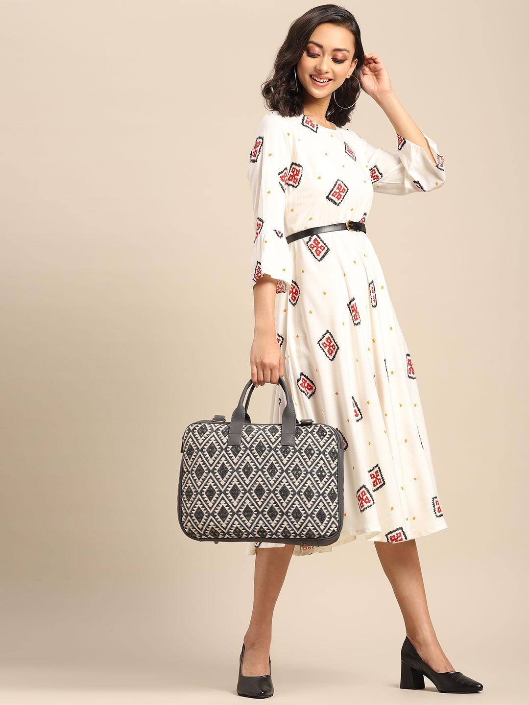 anouk women grey & off white  jacquard woven design 15 inch laptop bag