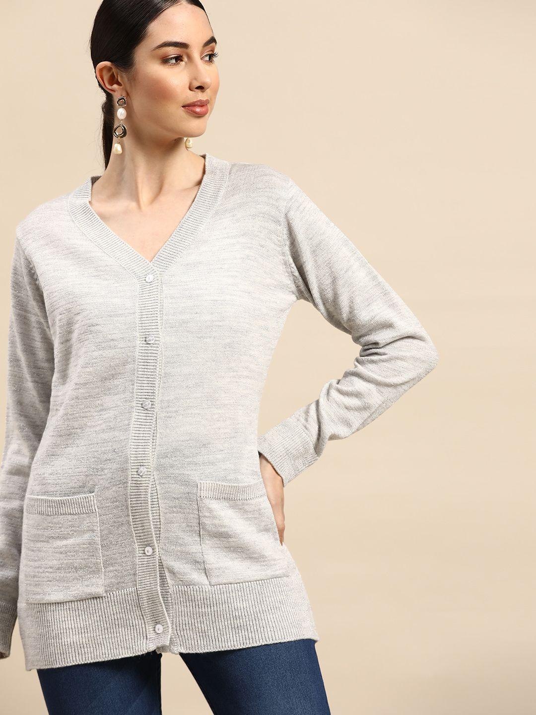 anouk women grey melange cardigan with shimmer detail