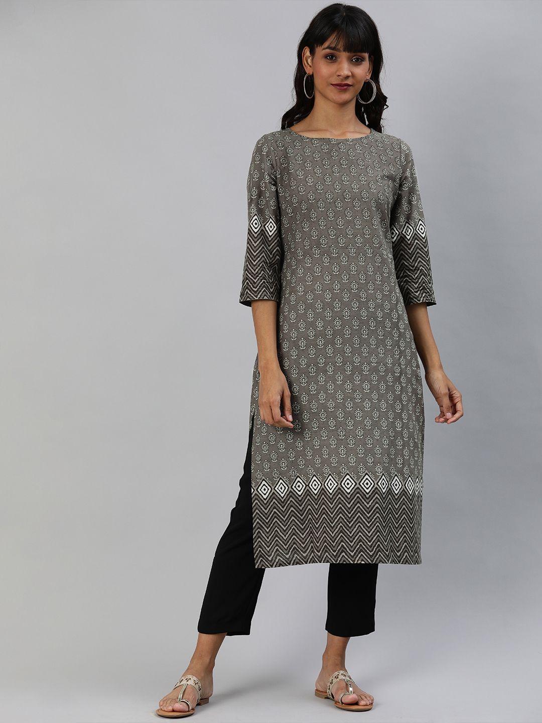anouk women grey printed straight kurta
