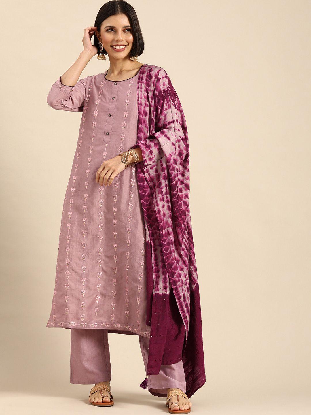 anouk women lavender ethnic motifs embroidered sequinned kurta with palazzos & dupatta