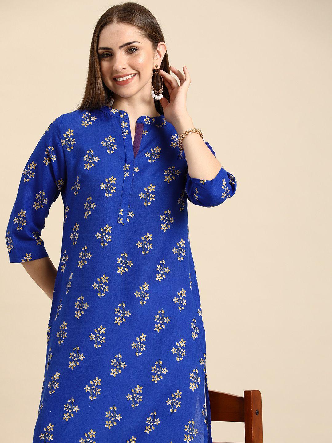 anouk women mandarin collar floral printed indigo straight kurta