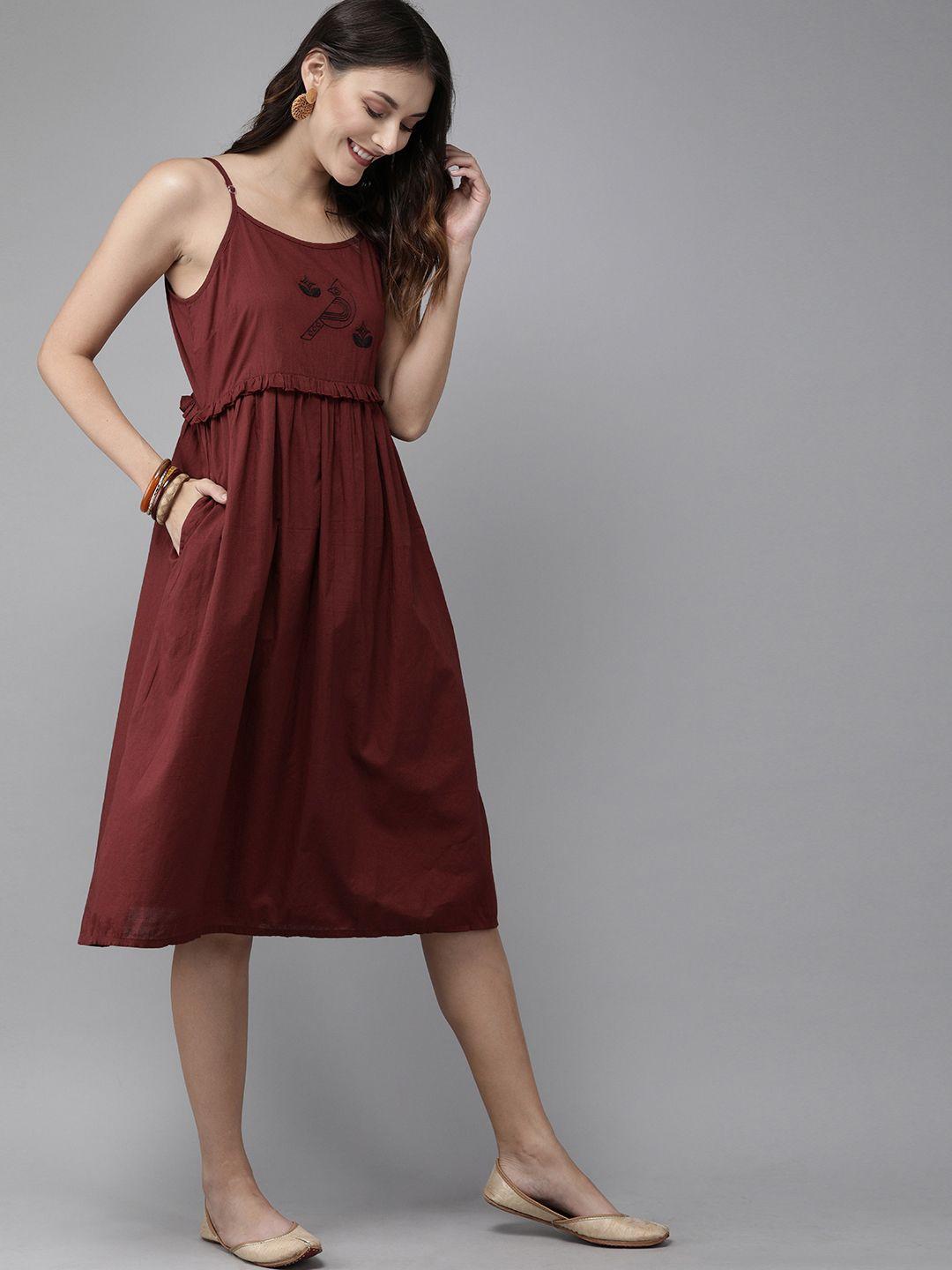 anouk women maroon solid gathered a-line dress with thread work