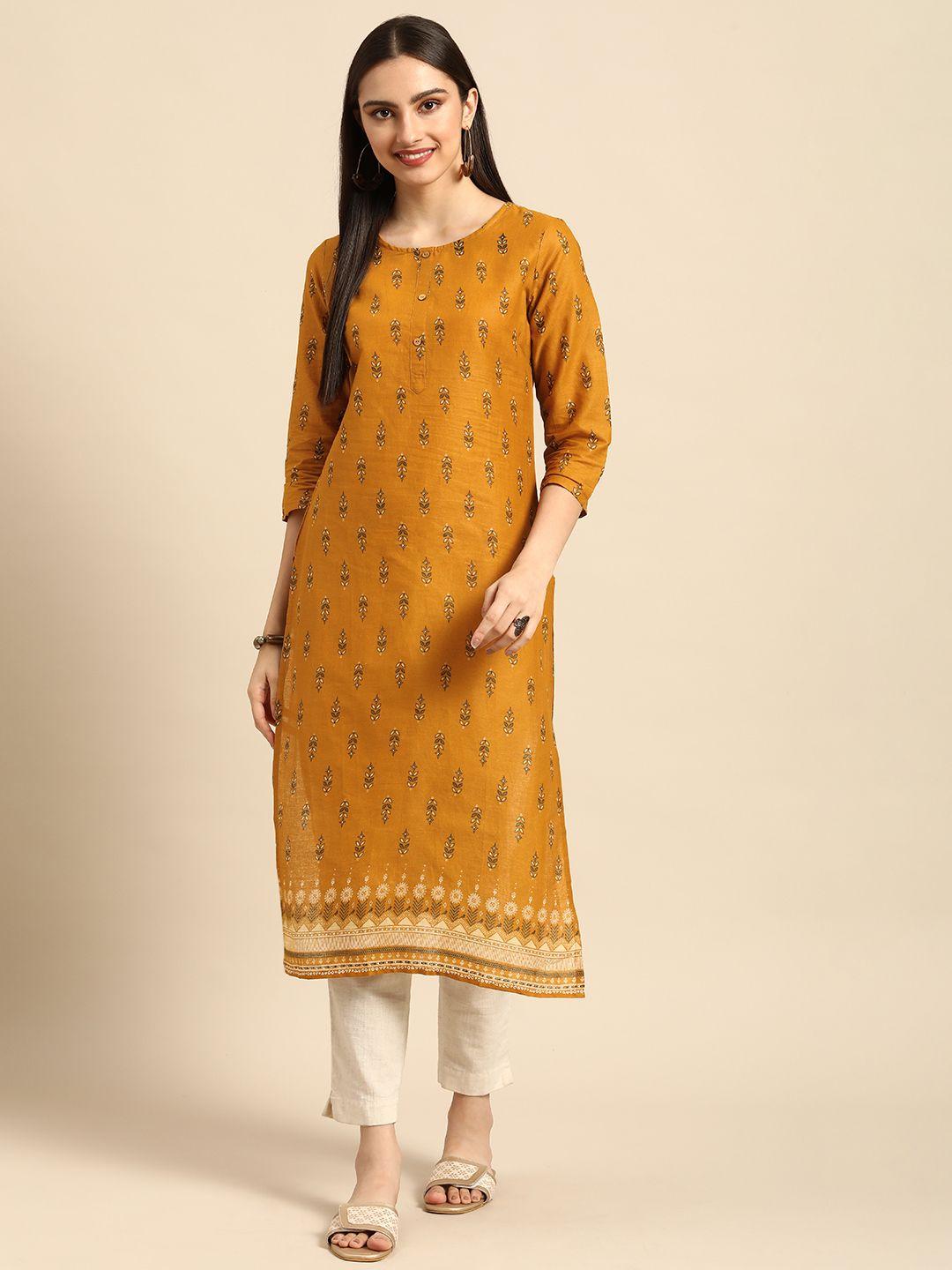 anouk-women-mustard-yellow-ethnic-motifs-printed-pure-cotton-straight-kurta