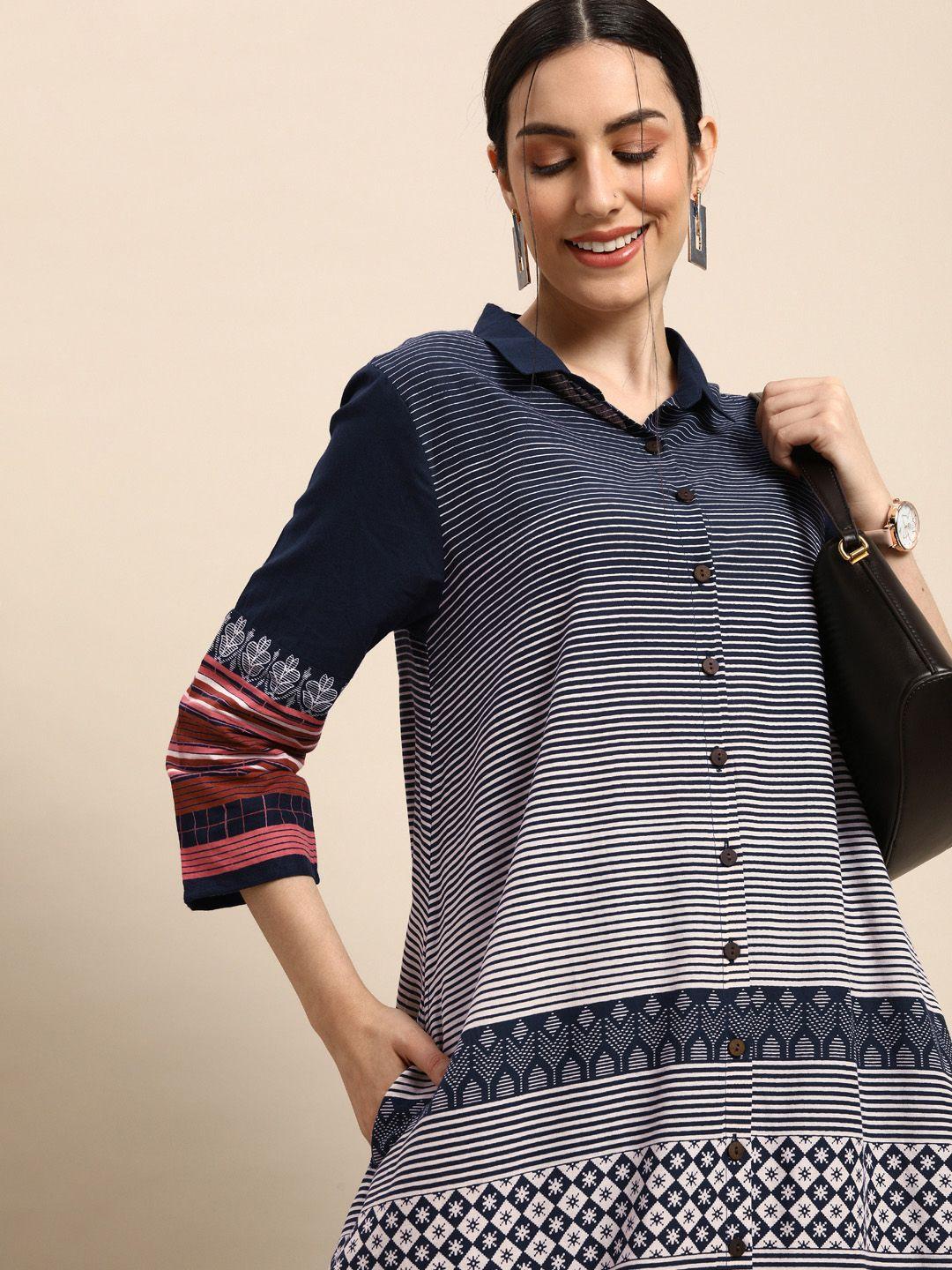 anouk women navy blue & white striped and printed shirt-collar pure cotton a-line kurta