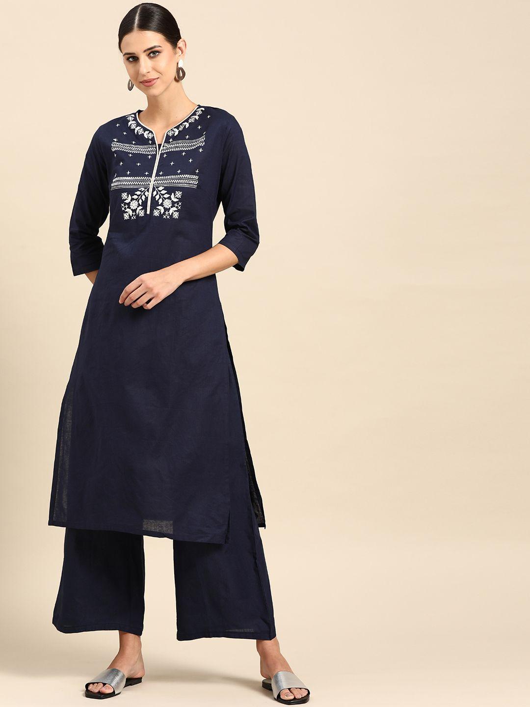 anouk women navy blue ethnic motifs yoke design regular thread work pure cotton kurta with palazzos