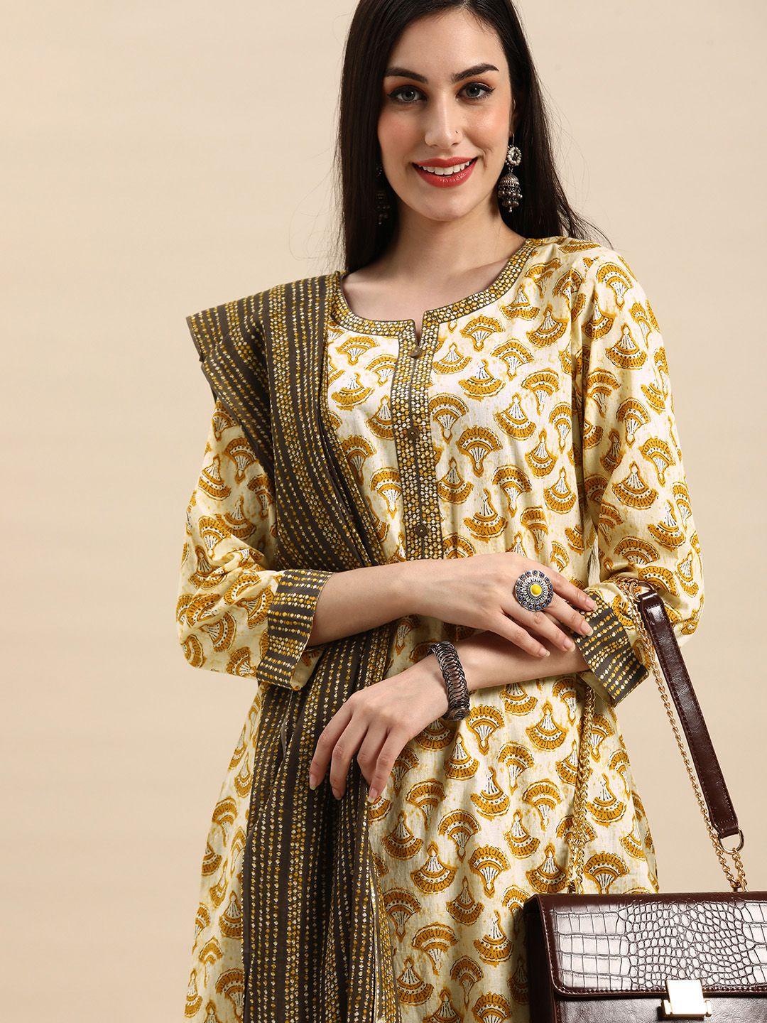 anouk women off white & mustard yellow pure cotton printed kurta with palazzos & dupatta