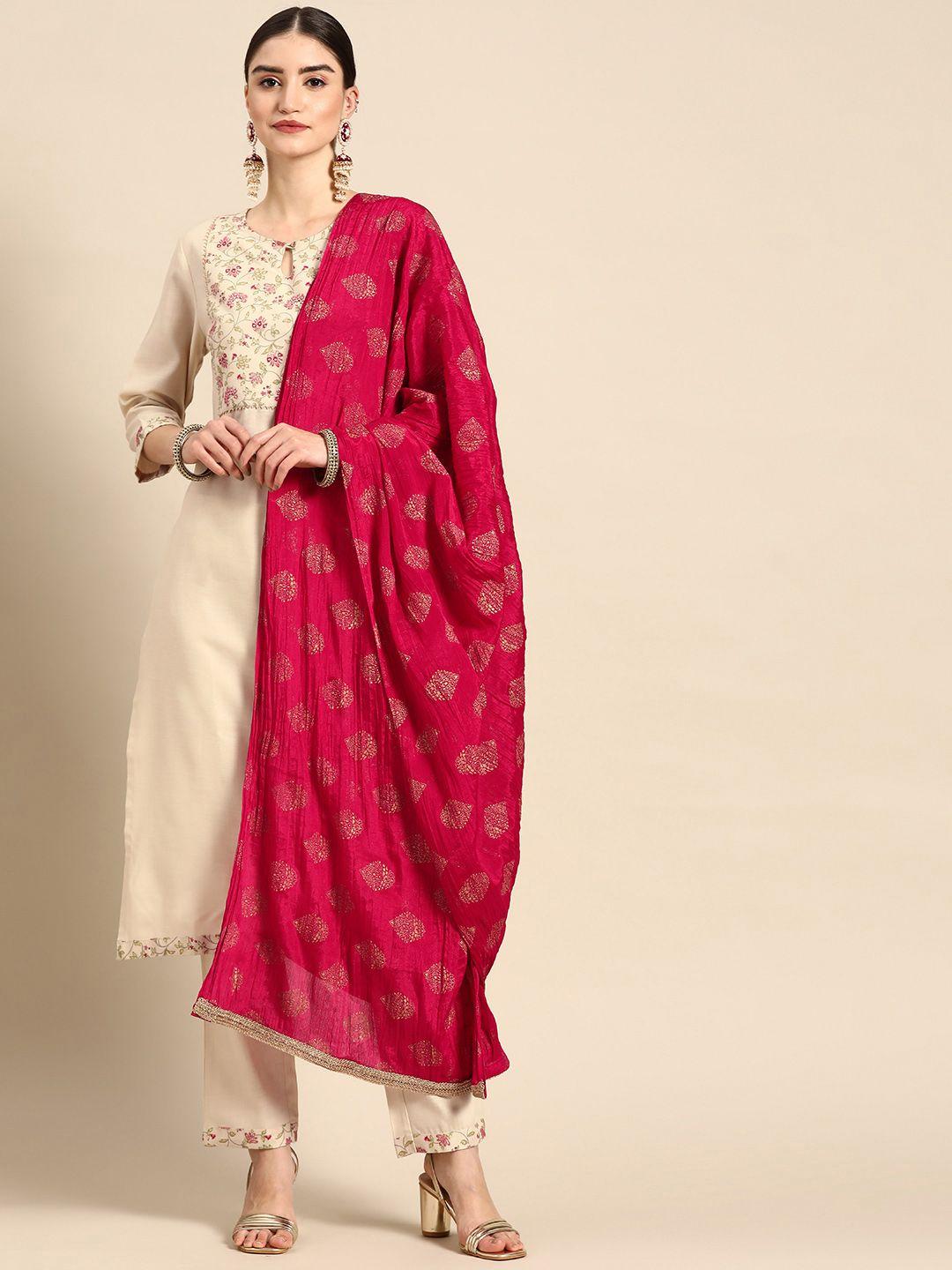 anouk women off white & pink ethnic motifs yoke design kurta with trousers & with dupatta