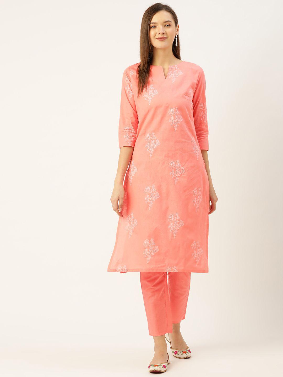 anouk women peach-coloured pure cotton ethnic motifs print kurta with trousers