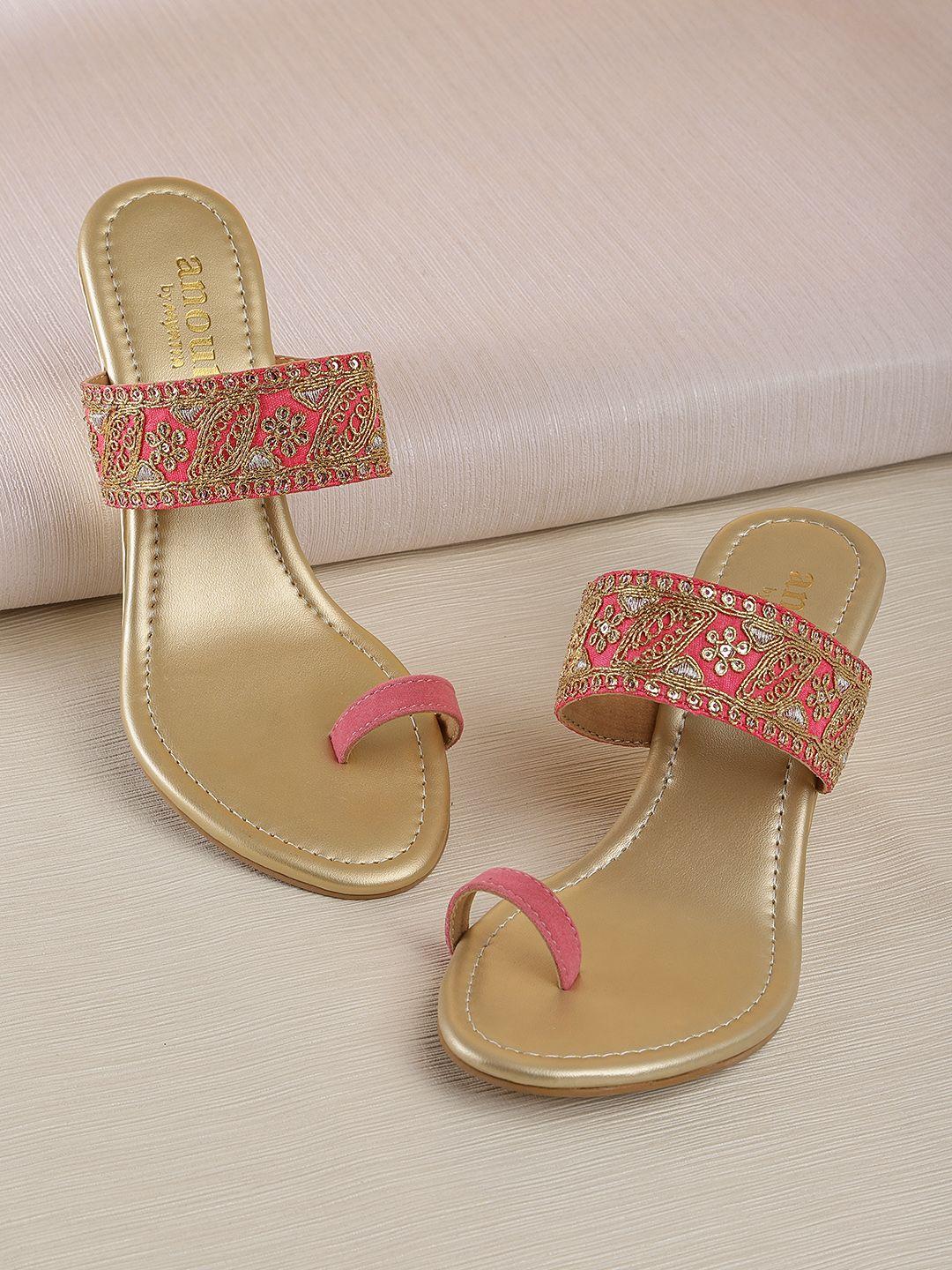 anouk women pink & gold-toned woven design wedges