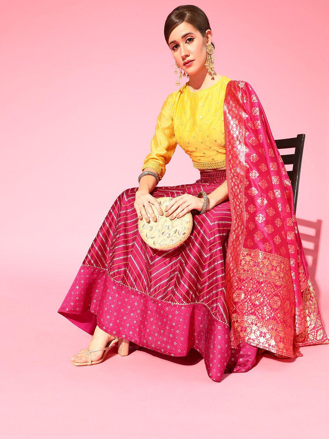 anouk women pink & yellow embellished ready to wear lehenga & blouse with dupatta