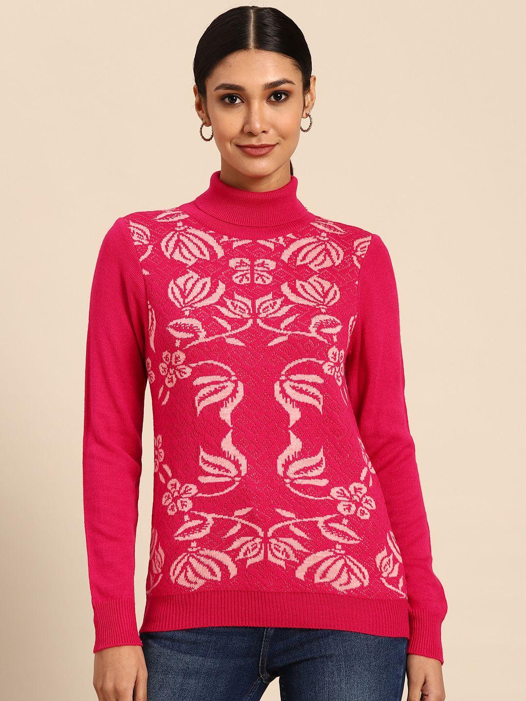 anouk women pink floral embroidered pullover