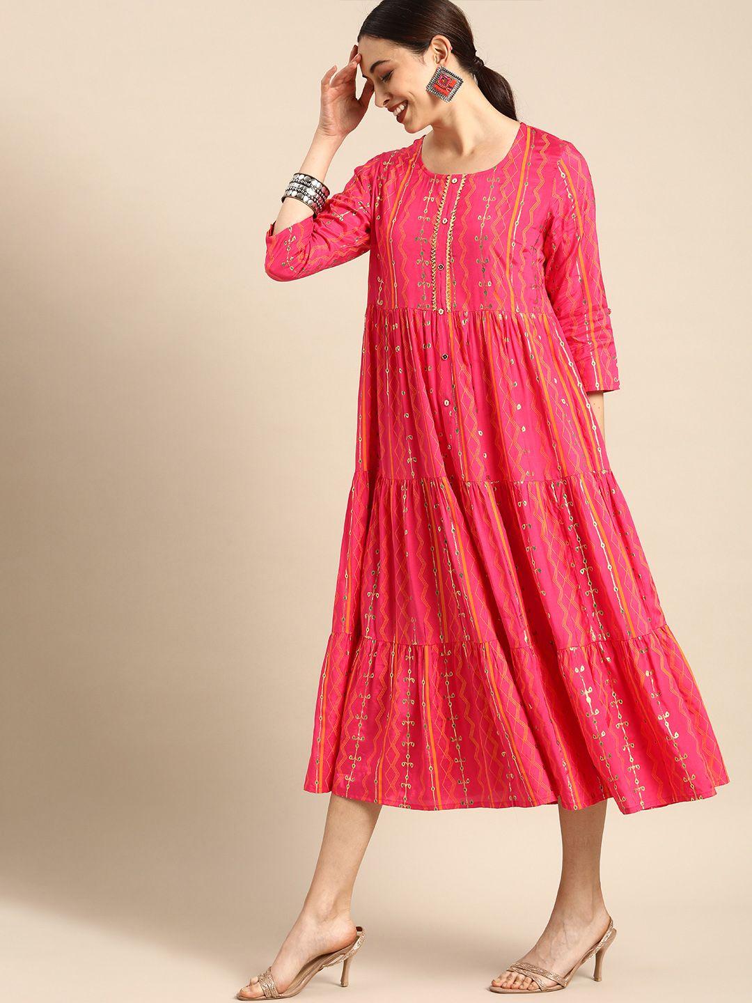 anouk women pink printed a-line dress