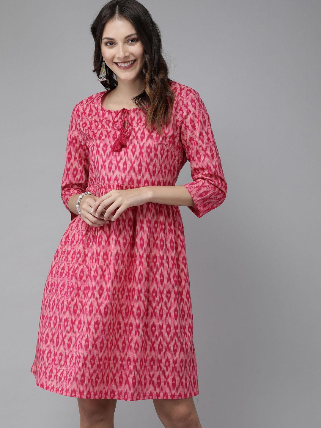 anouk women pink printed gathered a-line dress with pocket
