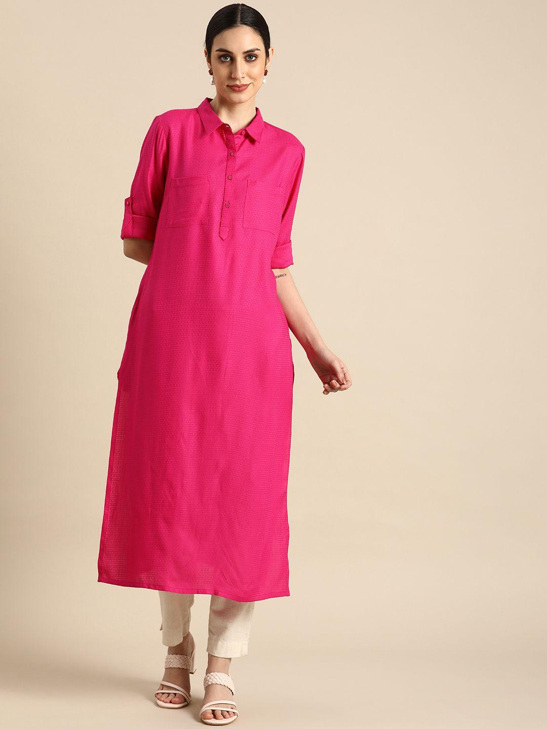 anouk women pink woven design shirt collar roll-up sleeves kurta