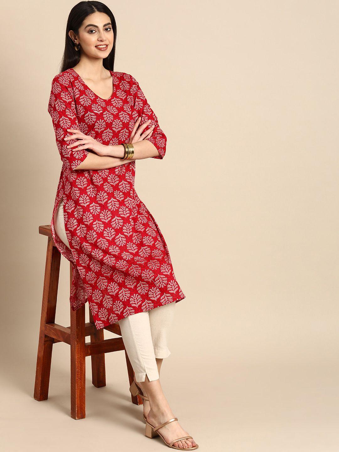 anouk women pure cotton ethnic motifs printed three quarter sleeves straight kurta