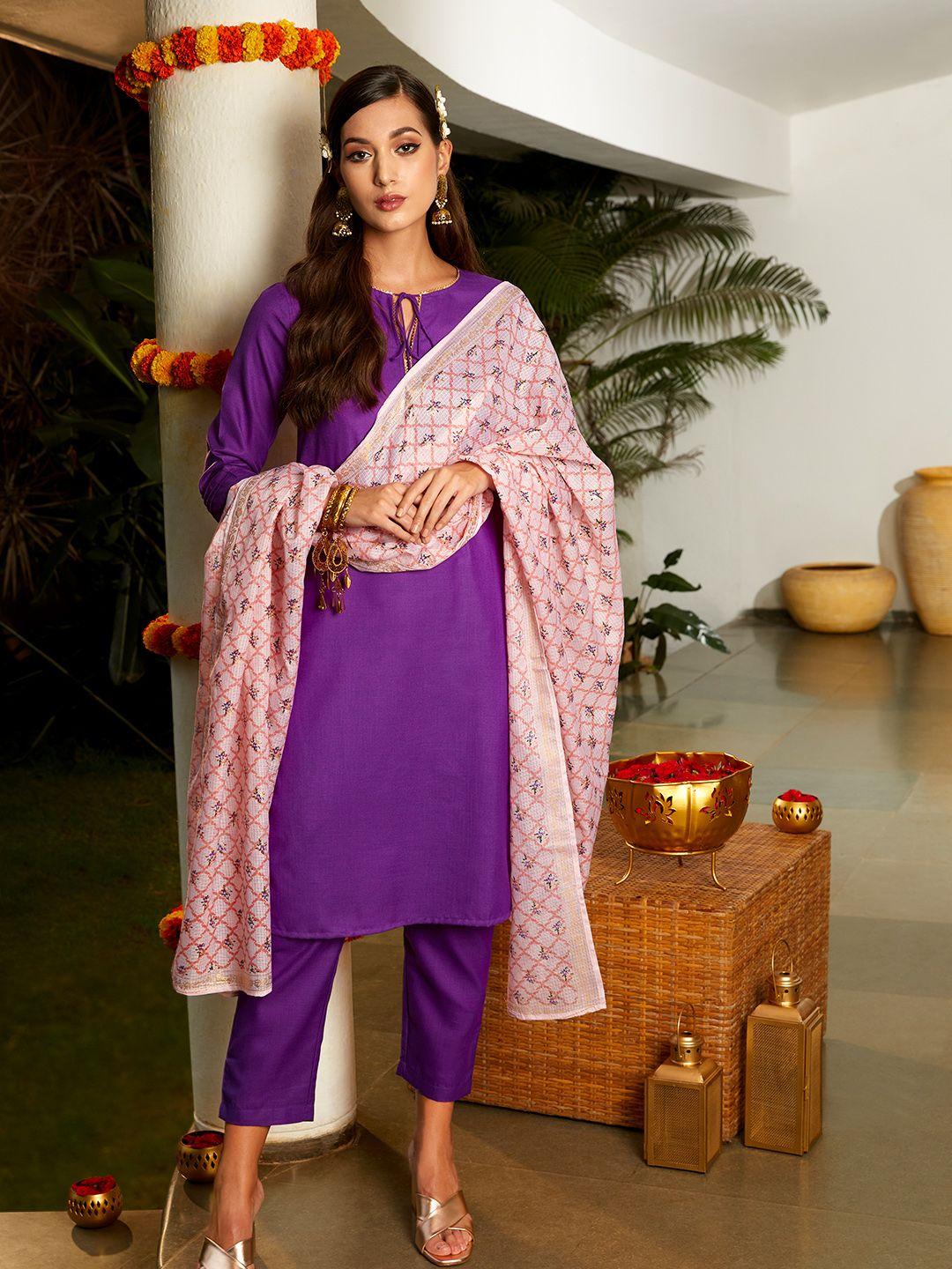 anouk women purple & pink kurta with trousers & with dupatta