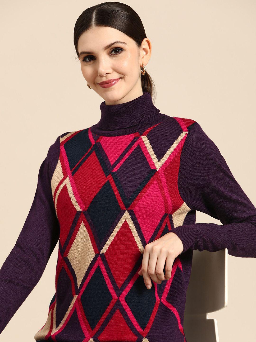 anouk women purple & red self-design geometric pullover