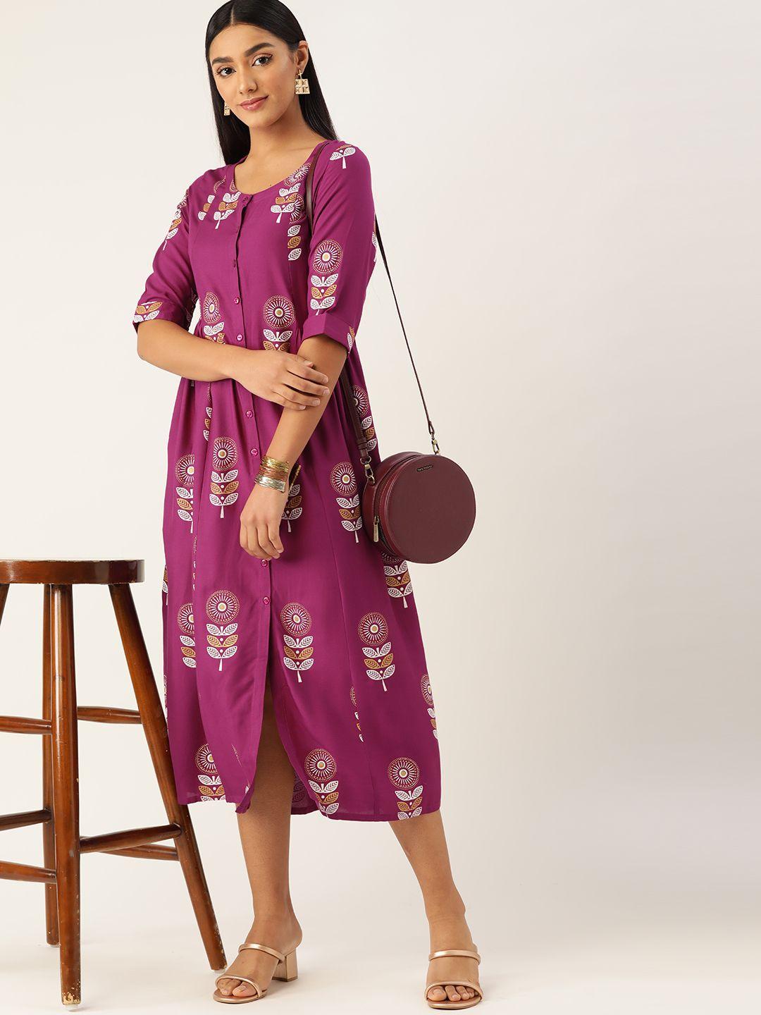 anouk women purple & white ethnic motifs printed a-line midi dress