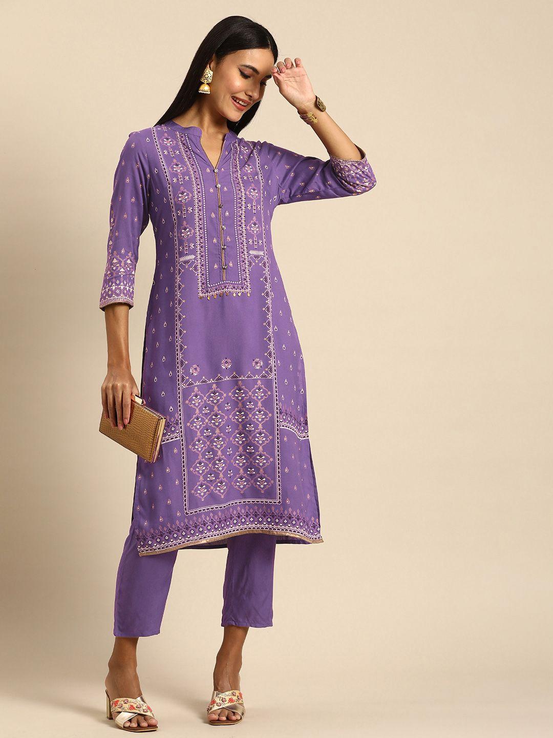 anouk women purple & white ethnic motifs printed kurta with trousers