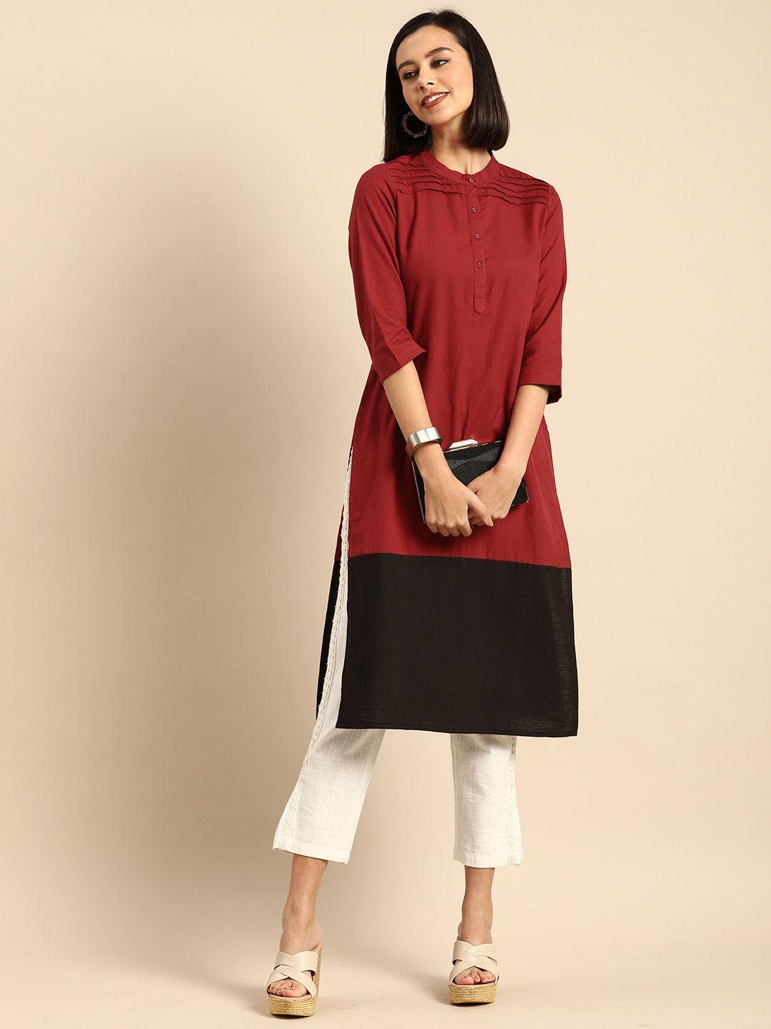 anouk women red & black colourblocked pure cotton straight kurta