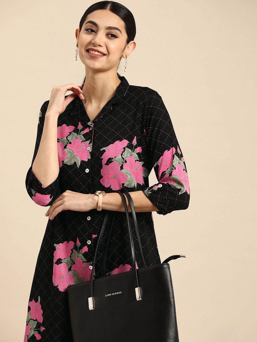 anouk women shirt collar floral printed floral kurta