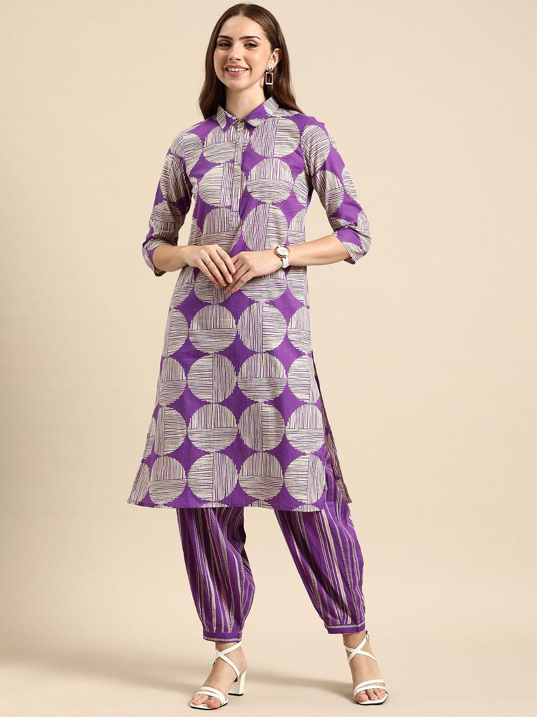 anouk women shirt collar printed regular kurta with trousers