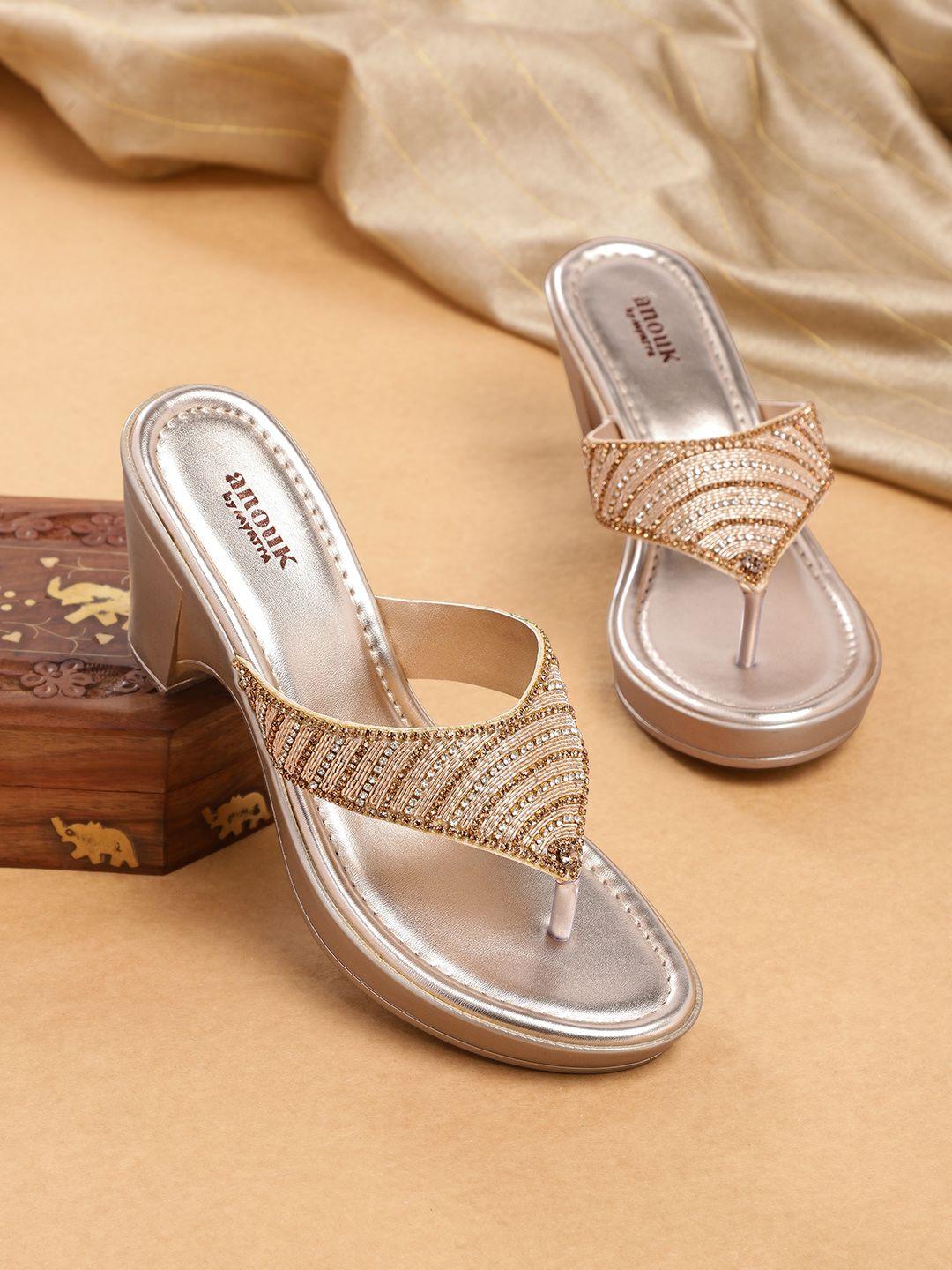 anouk women silver-toned & gold-toned embellished ethnic block sandals