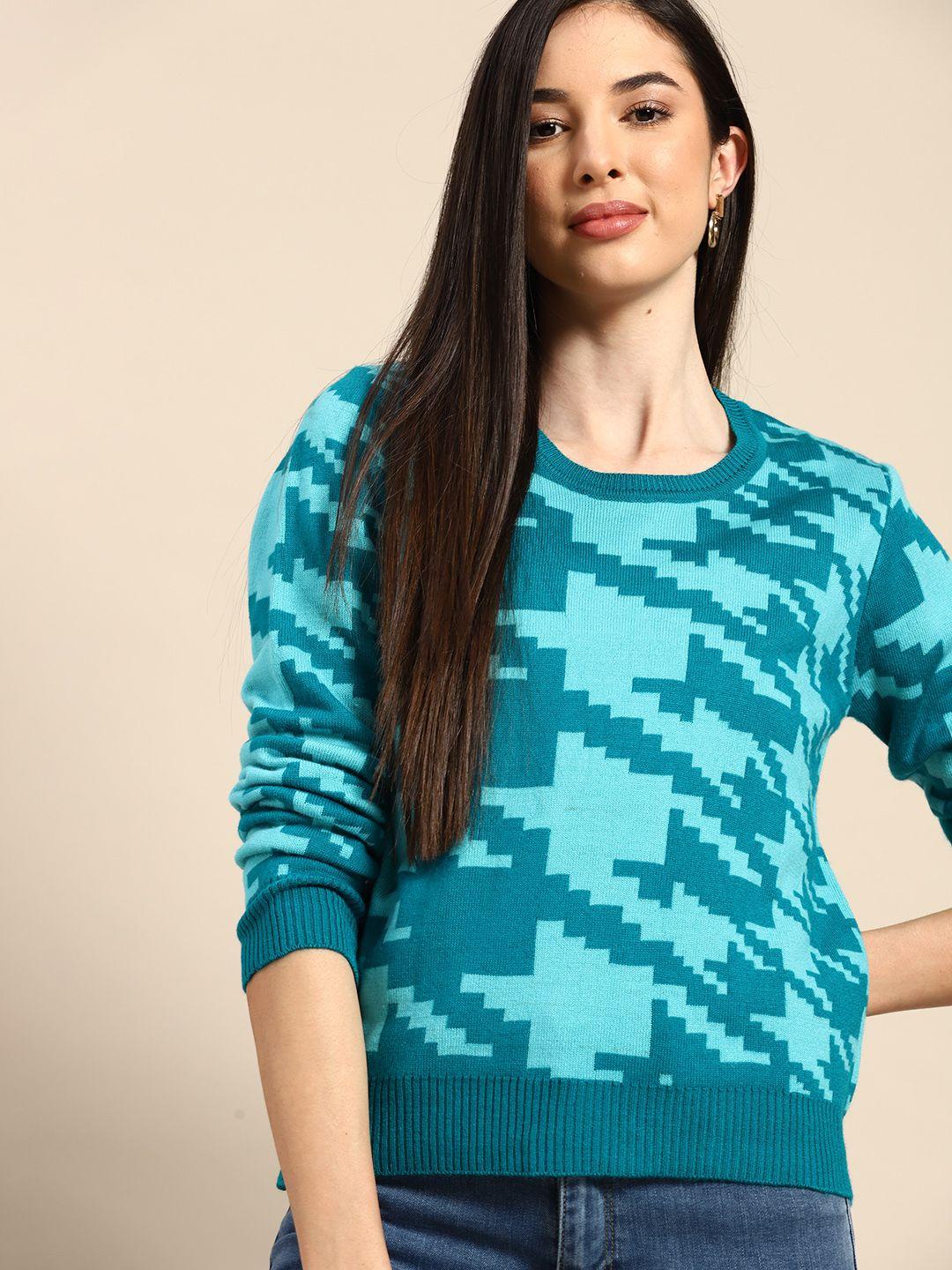 anouk women teal green & blue self-design pullover