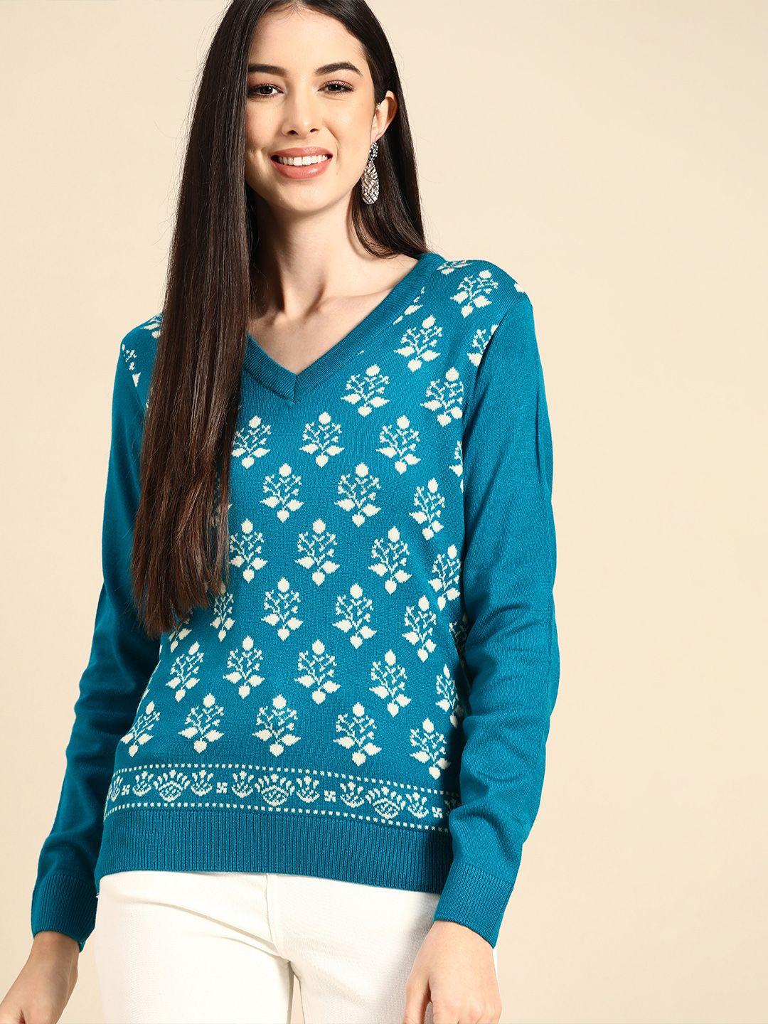 anouk women turquoise blue & white self design pullover