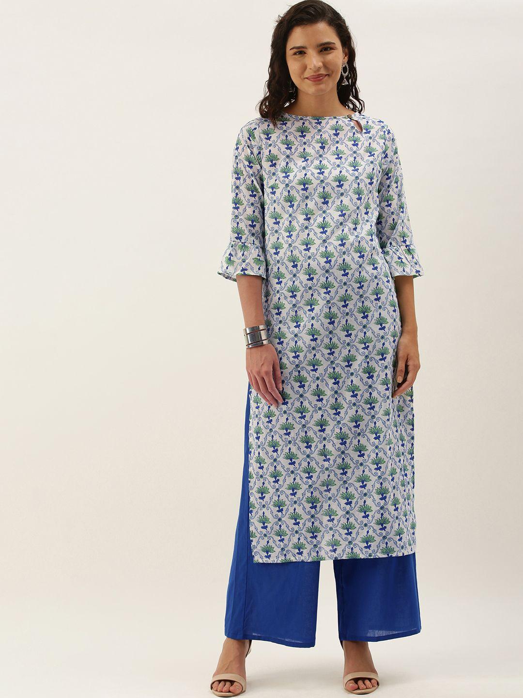 anouk women white & blue floral printed pure cotton kurta with palazzos