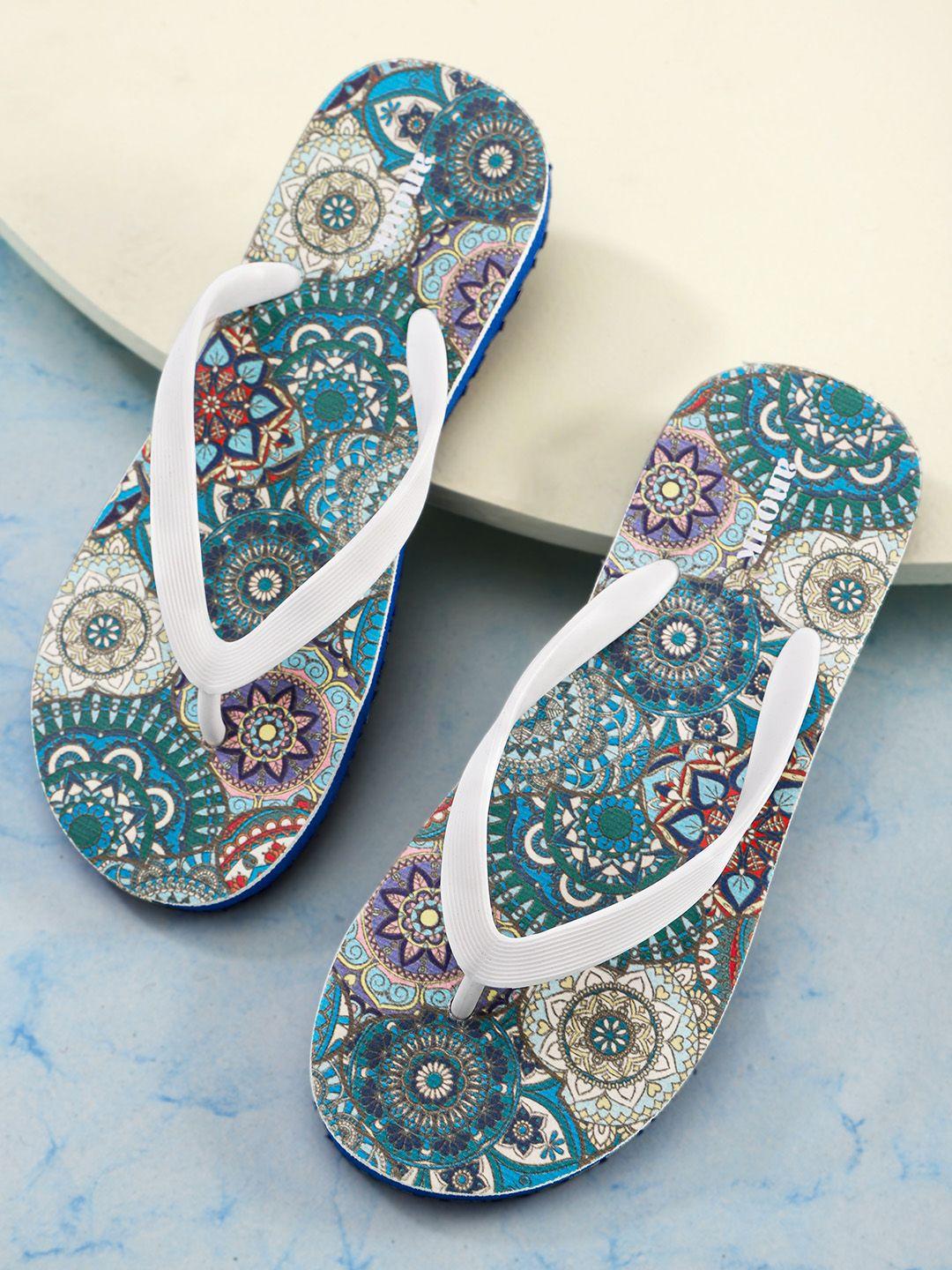 anouk women white & blue multicoloured ethnic motifs print thong flip-flops
