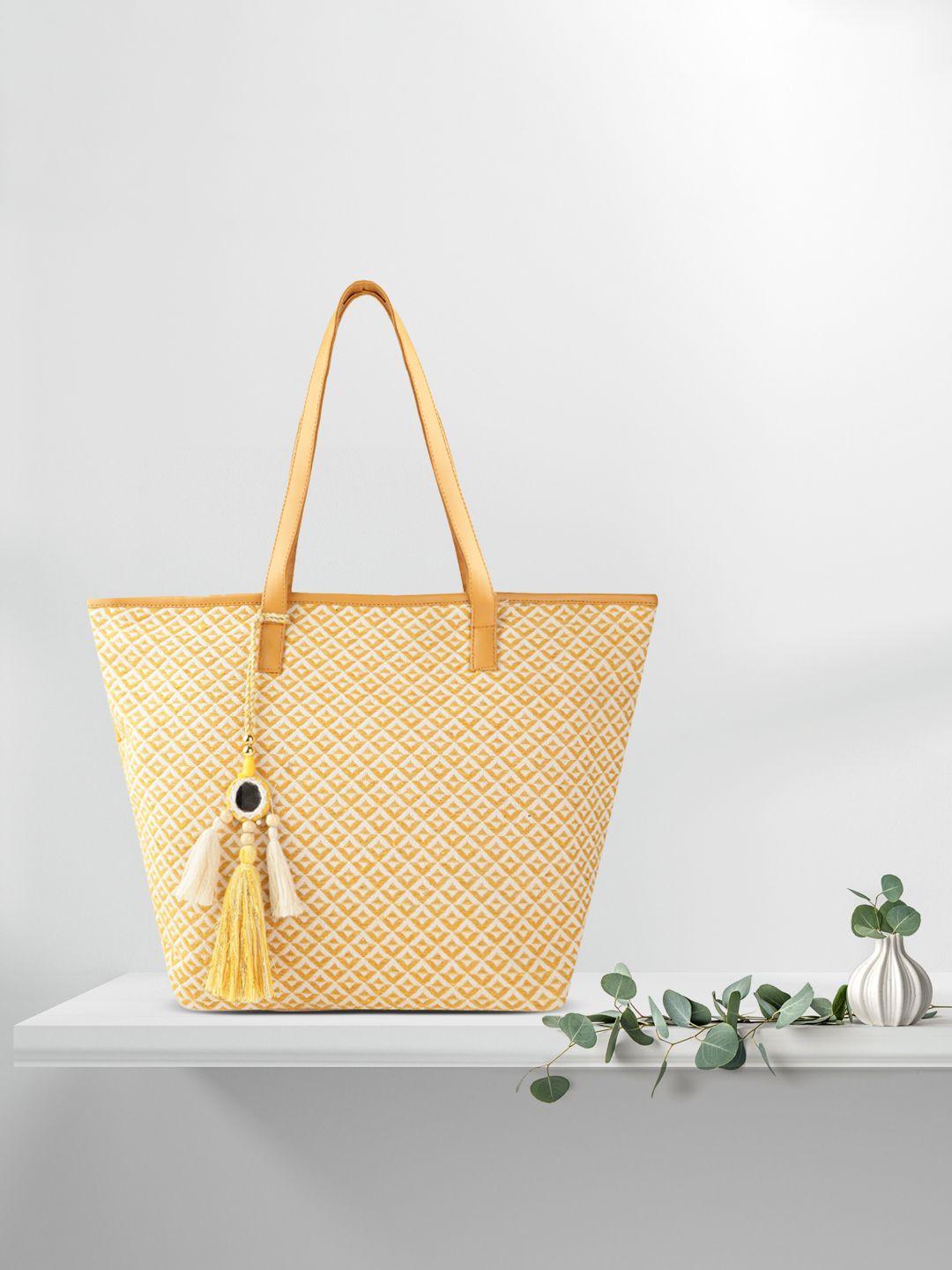 anouk yellow & off-white jacquard woven design shoulder bag